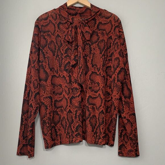 Mob Wife Size XXL Snakeskin Print Crepe Mock Neck Blouse Rust Earthy Goblincore - Picture 4 of 9